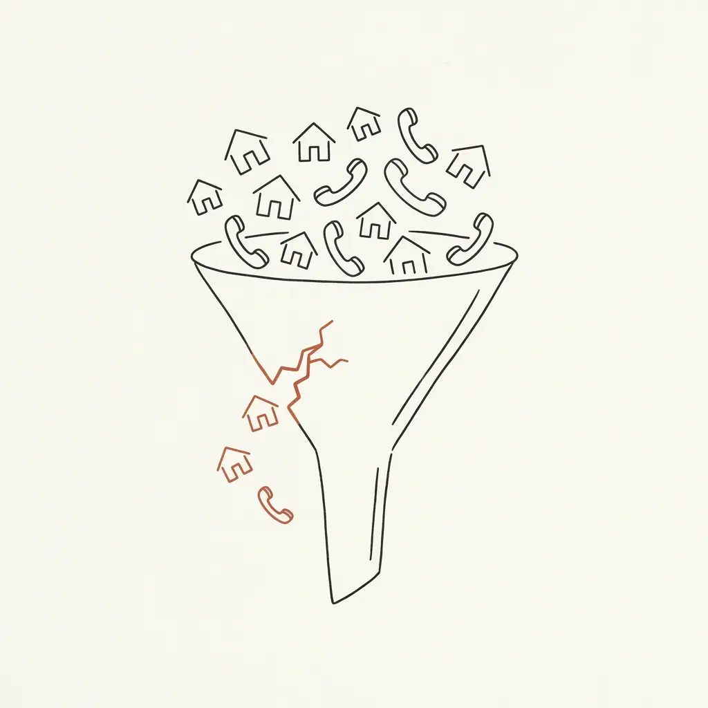 Hand-drawn sketch of a funnel: jobs and phone calls pour in the top, but a few leak out through a crack in the side — the leads a contractor loses between Google and the booked call