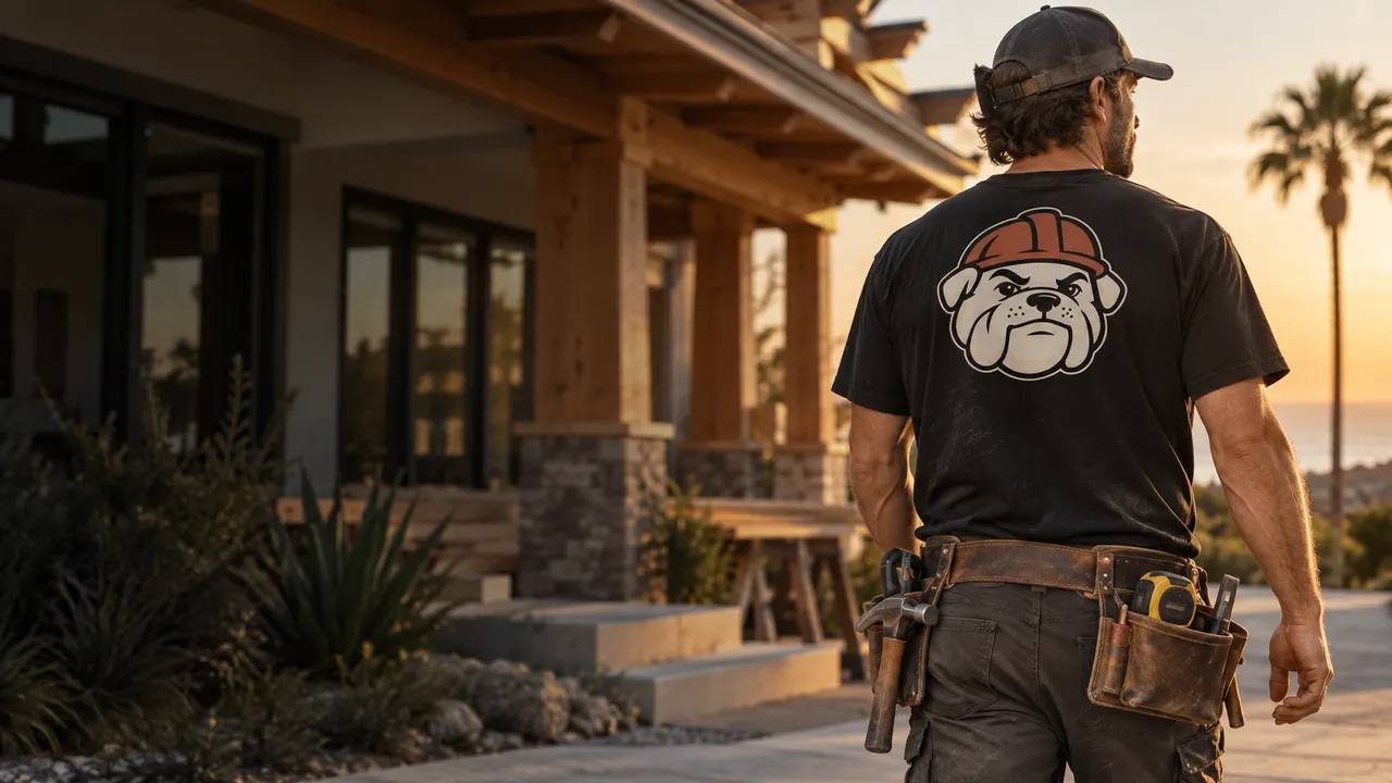A worker with a tool belt at a residential jobsite