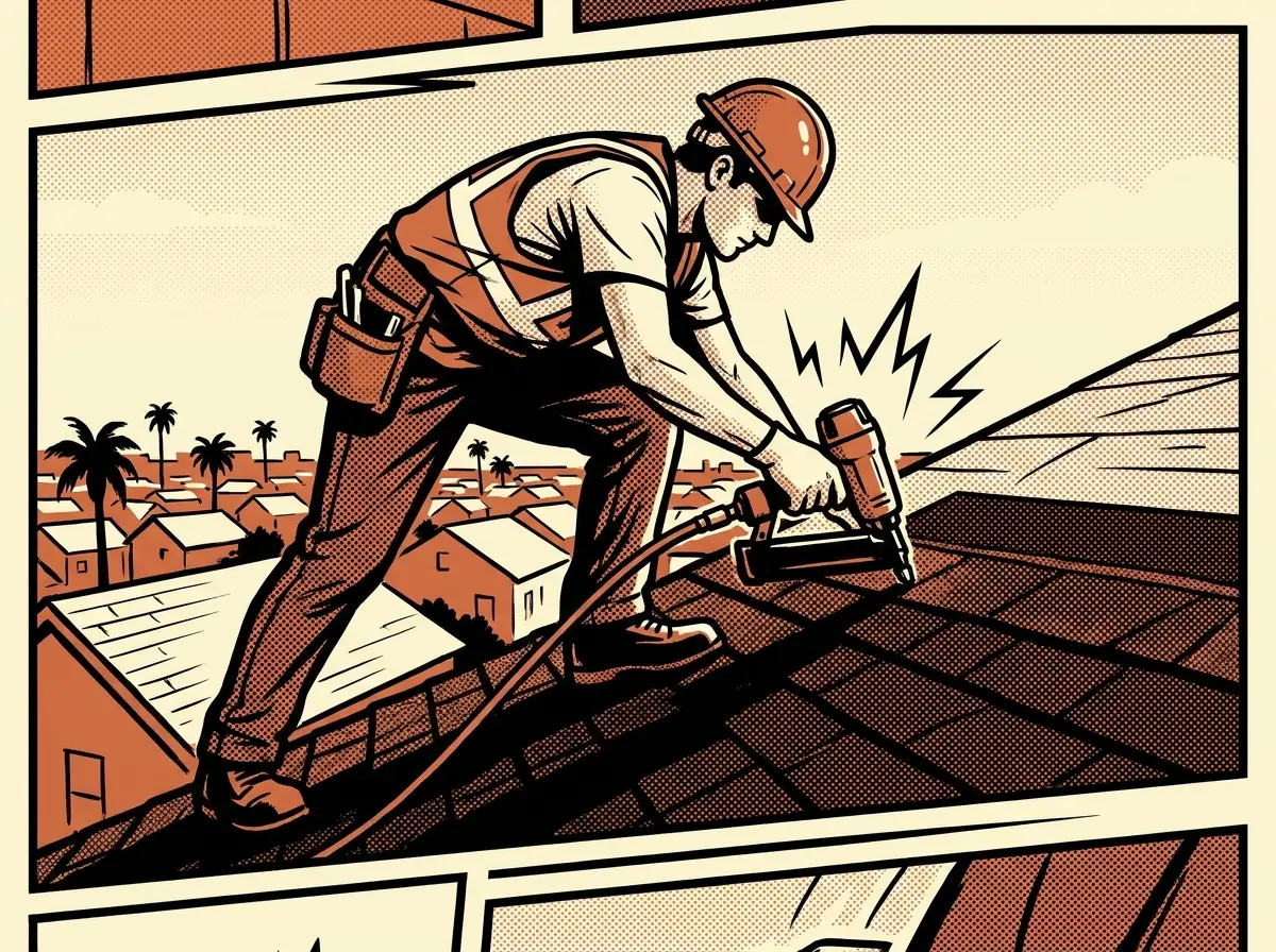 Roofer installing shingles